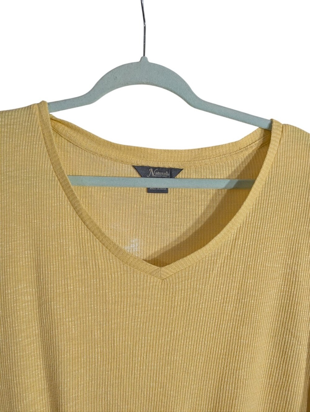 Natural Reflections Yellow Ribbed Tie Front Top Plus Size 1X Soft Stretch V Neck - Picture 4 of 8